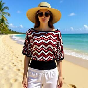 Y2K Allegra Chevron Knit Multicolor Metallic Pullover Blouse Short Sleeve Sz S